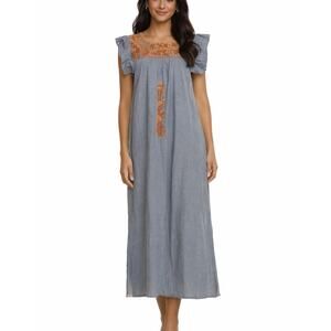 Mi Golondrina Slub Cotton Maxi Dress Pockets Side Slit Small